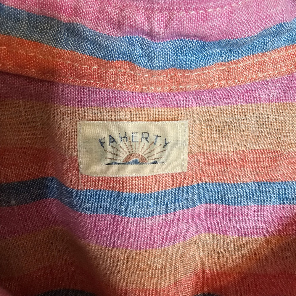 Faherty Laguna Linen Relaxed Shirt Pink Blue Orange Cabana Stripe Button Down M - Picture 6 of 10